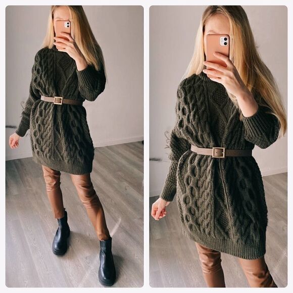 Mango Cable Knit Chunky Dress Braids Oversized Turtleneck Khaki - Picture 5 of 7